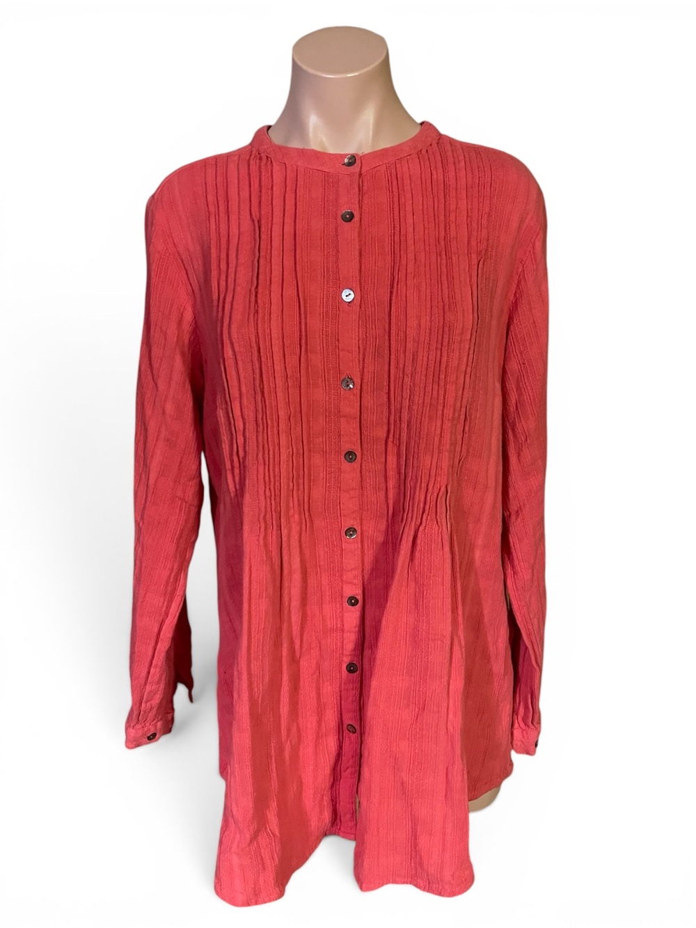 Soft Surroundings Shirt Womens L Red Pleated Button Down Long Sleeve Blouse